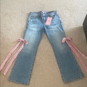 Juicy Couture Light Blue Denim Flare Jeans with Pink Ribbon Ties